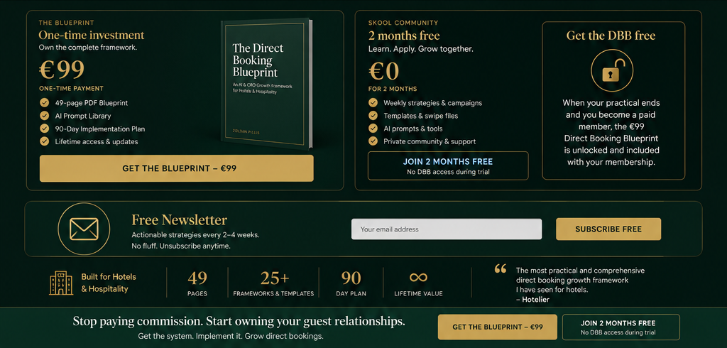 Direct Booking Blueprint pricing, newsletter and final call to action